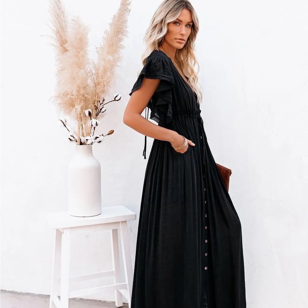 41. CLEARANCE Sheer Black Bohemian Button Flowy Maxi Cover Up Beach Dress kimono - Picture 3 of 7